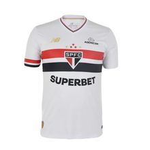 Camisa Masculina New Balance Torcedor Home SPFC 2025 C/P Branco e Vermelho - MT831813