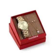 Kit Relógio Feminino Cristais Dourado Com Semijoias Mondaine - 32600LPMK1K1
