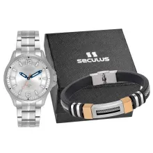 Kit Relógio Masculino Analógico Prata com Pulseira Seculus - 77358G0SKNK1